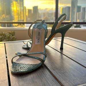 Jimmy Choo open toe strap heels in sea green w/mermaid feel. Size 37 1/2.